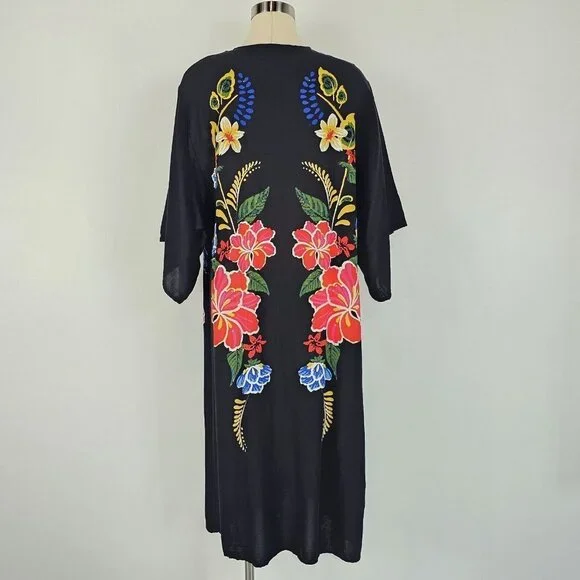 Flying Tomato Duster Womens Size Small Medium Maxi Kimono Black Floral Boho - Picture 3 of 11